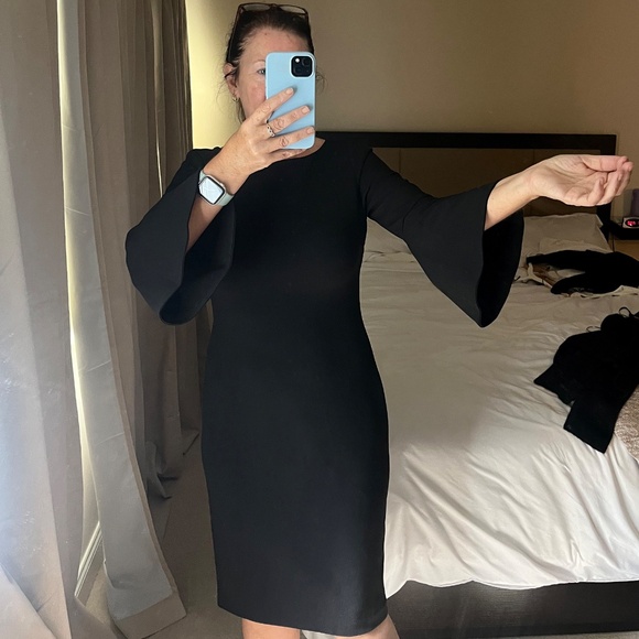 Calvin Klien Black Size 4 sheath fitted back zipper Flare sleeves - Picture 1 of 5